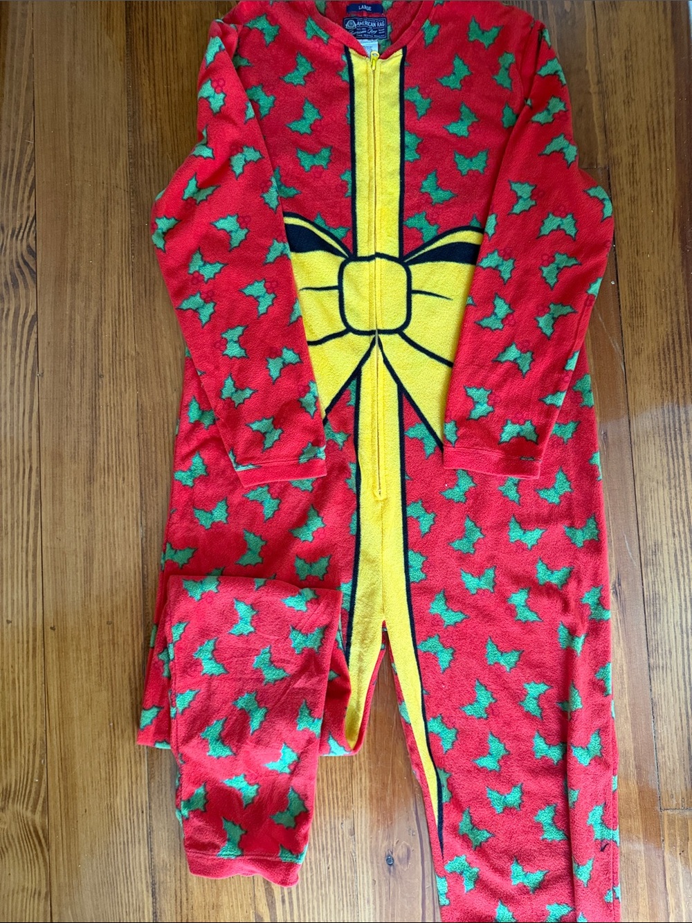 Men’s American Rag Red Holiday Bow Onesie with Green Holly Print